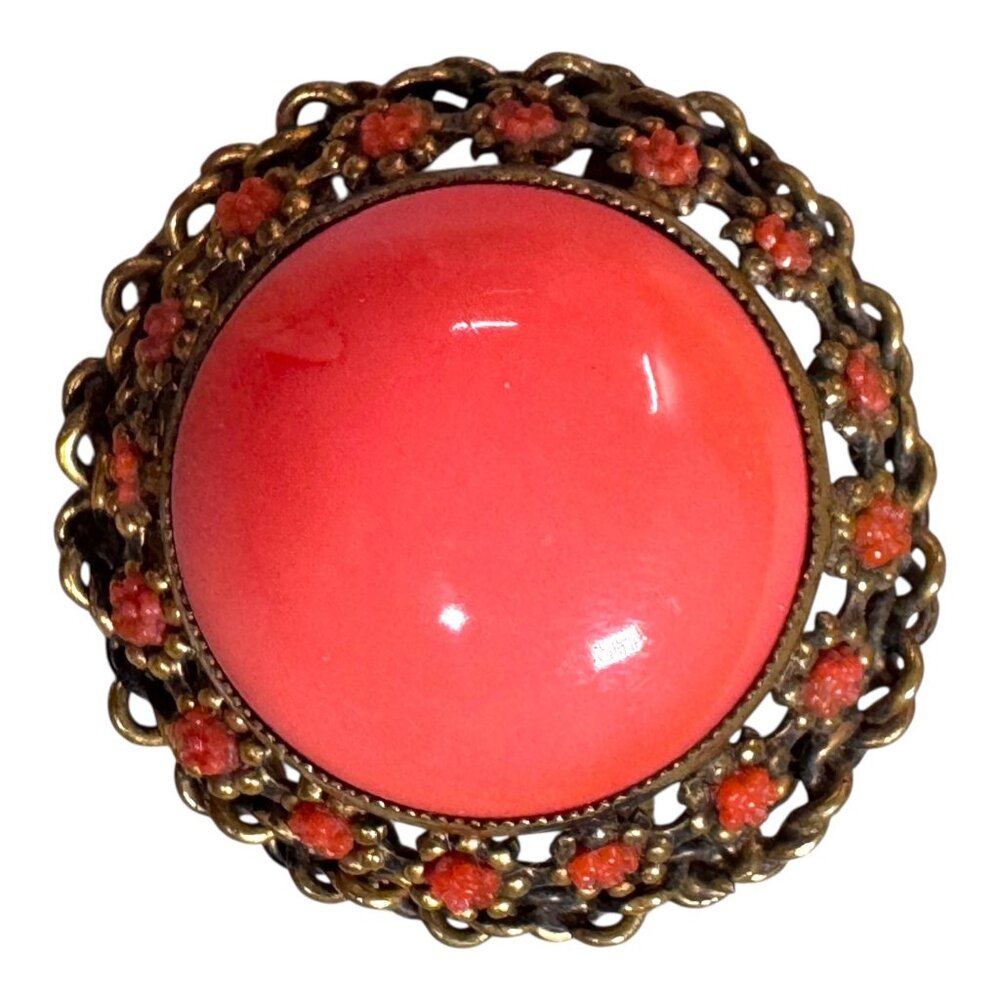Vintage Austrian Coral Pink Statement Cabochon Brooch Large Crystals Filigree